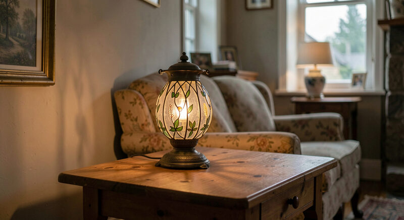A leaded glass table lamp glowing on a pine side table in a dim village parlor.