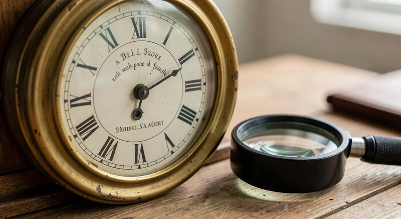 Close view of an antique clock dial with Roman numerals and a maker's name, a watchmaker's loupe resting beside it.