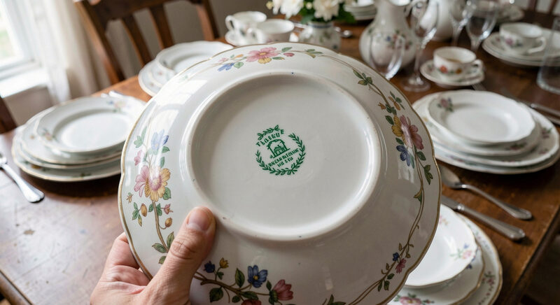 The underside of a hand painted porcelain plate showing a green backstamp, held over a table set with china.