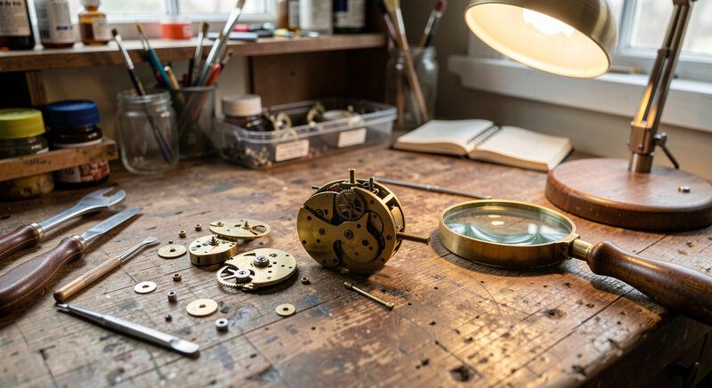 A clockmaker's bench with a disassembled brass movement, small tools and a magnifier in warm lamplight.