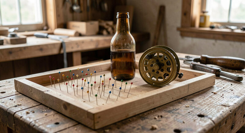A flat wooden tray holding hatpins, an old bottle and a brass fishing reel on a barn workbench.